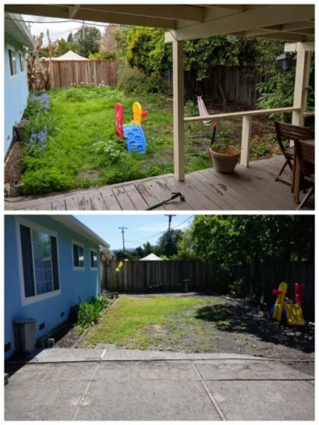 A yard with clutter and an after image of yard that has been cleaned up