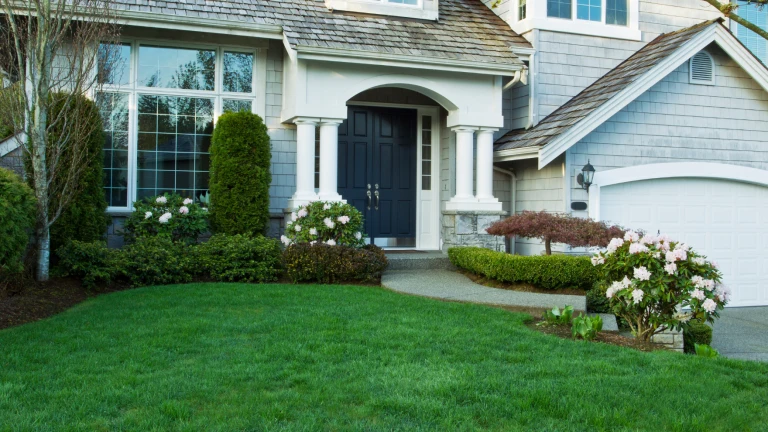 Modern home with a fresh cut lawn