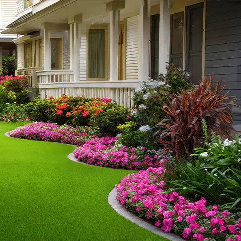 Photo of well-trimmed grass & flower planting in a Californian residential neighborhood.