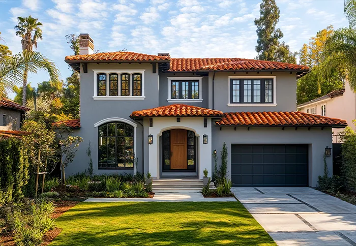 A large, modern Californian residential home with freshly cut grass in the afternoon.