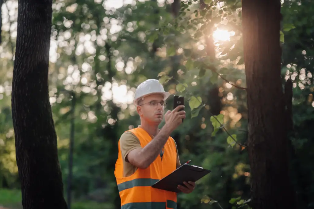 Tree arborist inspecting trees using mobile phone and clipboard in forest