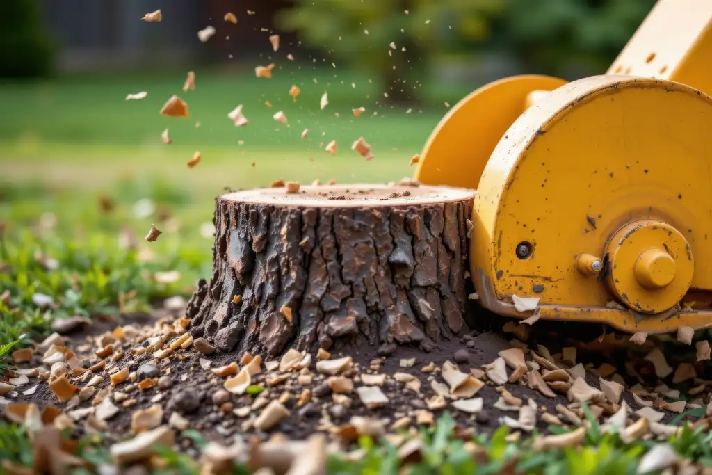 Stump grinder removing a tree stump in a residential property in the Bay Area CA